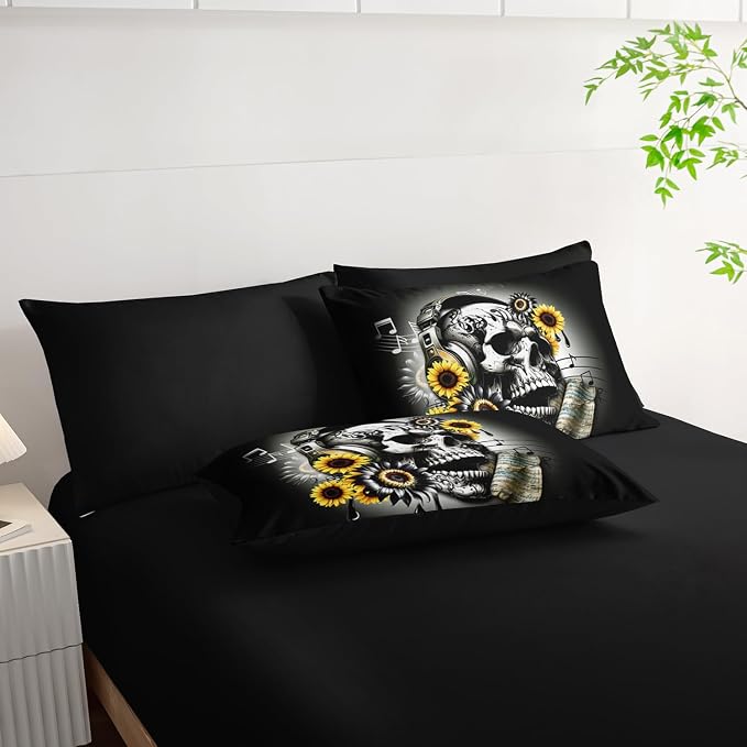 Gothic Skull Full Size Comforter Set 7 Pieces,Skull with Headphones Print Bedding Set for Adults Kids Bedroom Decor,Music Sunflower Bedding with Comforter,Fitted Sheet,Flat Sheet,Pillowcases.