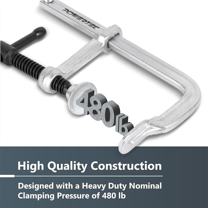 POWERTEC 71598-P2 4 Inch Heavy Duty F Clamp, 4-3/16 Inch x 2-3/8" Inch Throat F Style Bar Clamps for Woodworking, 480 lb Capacity each – 4 Pack