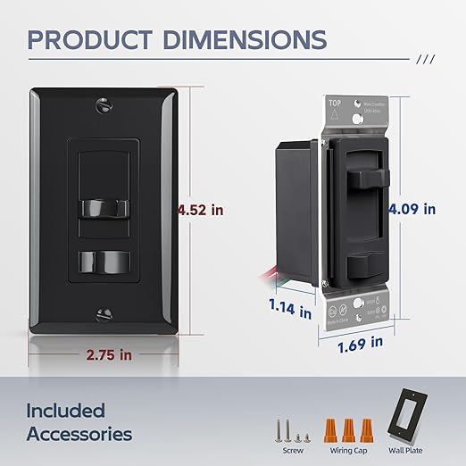 ECOELER Black in-Wall Dimmer Switch, Universal Lighting Control for 3-Way/Single Pole, Compatible with 300W Dimmable LED/CFL Lights and 600W Incandescent/Halogen, Wall Plate Included, ETL Listed