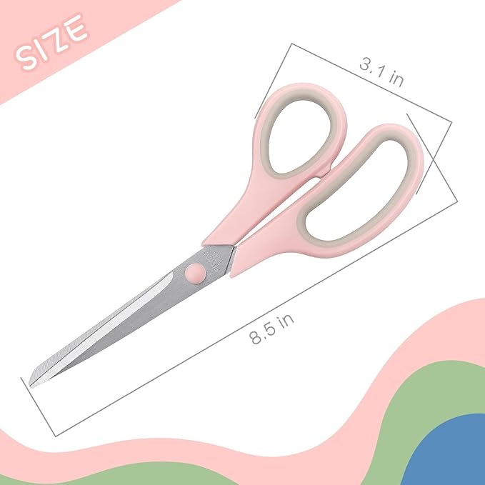 LONGKEY 8.5 Inch Scissors, All-Purpose, Soft Comfort-Grip, Ambidextrous, Pastel Green, Pink, Blue, 3 Count