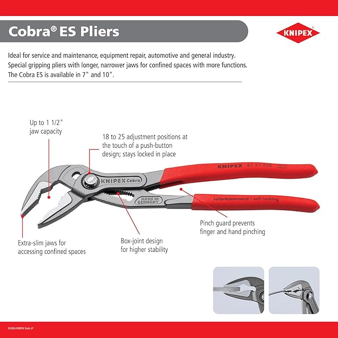 KNIPEX Tools 87 51 180 Cobra® ES Water Pump Pliers, 7-1/4" | bike-hand-tools