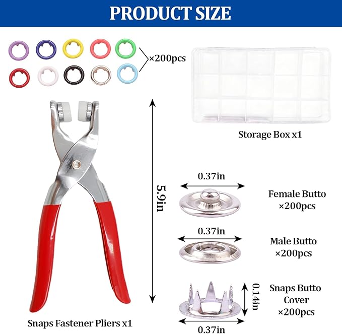 200 Sets Snap Button Kit with 10 Colors,Metal Snaps Buttons with Metal Pliers and Fastener Parts,Multicolor Press Tool Kit Perfect for DIY Clothing and Crafts(9.5mm)