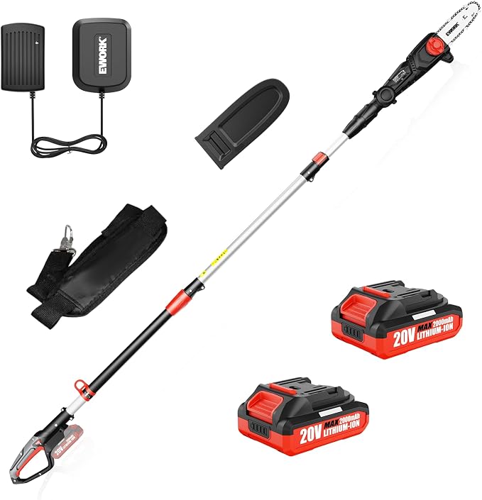 EWORK Electric Pole Saws for Tree Trimming 20V 8-Inch Cordless Pole Chainsaw, Extension to 14.8-Ft, 4-Angle Adjustable Head, Tool-Free Tensioning with 2x2.0Ah Battery & Fast Charger