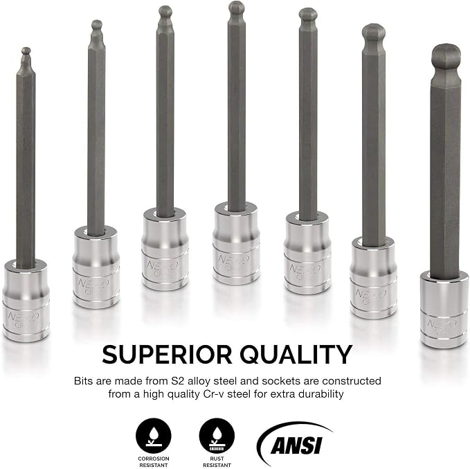 Neiko 10072A 3/8-Inch Drive Extra Long Allen Hex Bit Socket Set, SAE, 1/8-Inch - 3/8-Inch | S2 and Cr-V Steel, 7-Piece Set