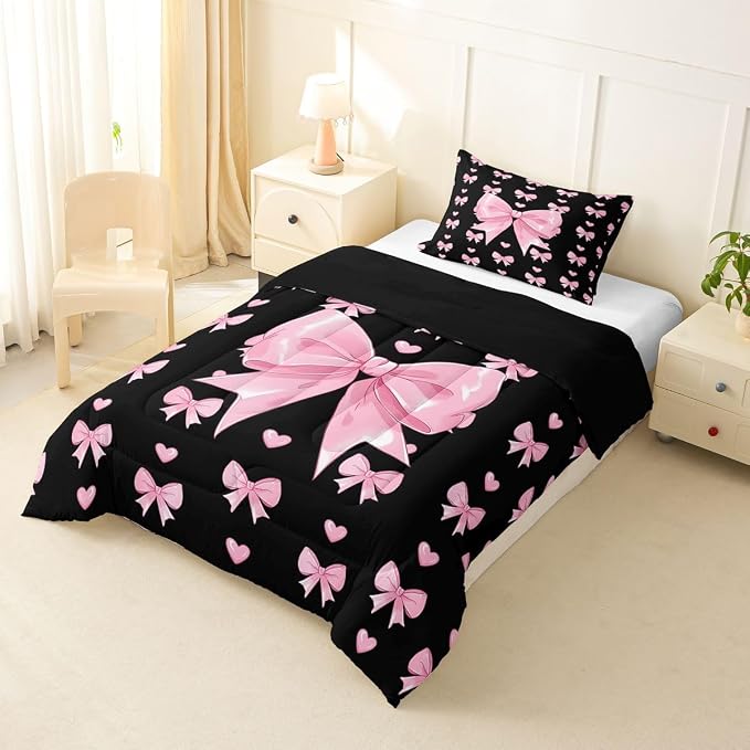 Feelyou Cute Black Pink Bowknot Kids Comforter Set Twin Size Love Hearts Bow Bedding Set Girly Bow Tie Duvet Quilt for Kids Boys Girls Bedroom Decor Microfiber Ultra Soft Breathable