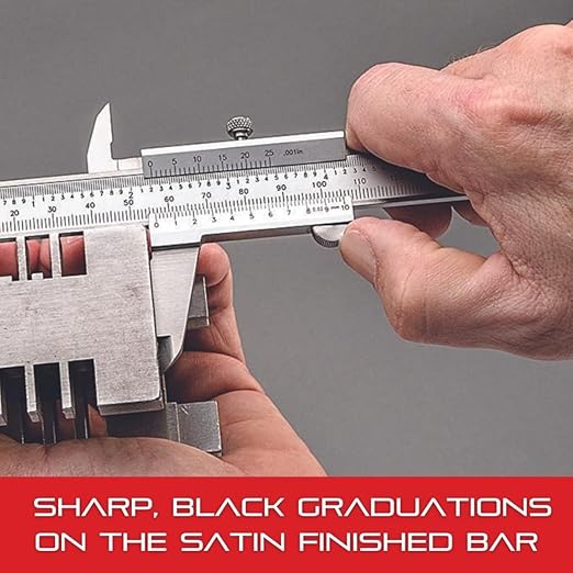 Starrett Vernier Caliper with Hardened Stainless Steel Depth Rod, Lock Screw and Sharp, Black Graduation - Metric, English, 0-6" Range, .001" Graduation - 125MEA-6/150