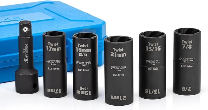 NEIKO 02340A Twist Socket Set, 6 Pc Lug Nut Extractor, SAE & Metric, 1/2 Inch Dr. Impact Flip, 6 Point, CR-Mo Steel Wheel, 3" Impact Extension Bar, Black