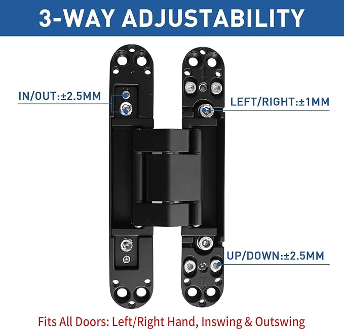 TamBee Hidden Door Hinge Invisible Hinges - Black, 3 Way Adjustable, Zinc Alloy, Concealed, for Secret Doors, Hidden Door and Bookcase Door 7 Inch (2 Hinges)