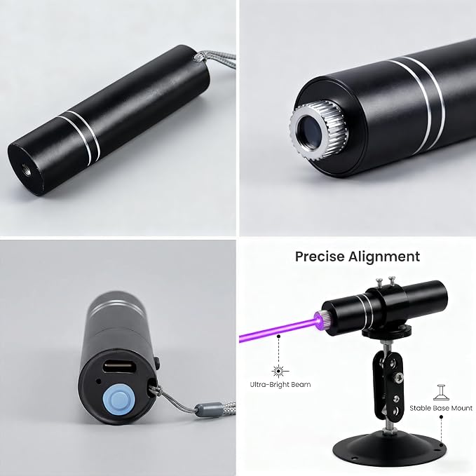 Three-Head Purple Laser Level with 2M Charger | 405nm Cross/Linear Laser Generator | Rechargeable Alignment Tool for Woodworking, Construction & Fabric Cutting (Base & AC/DC Adapter) Purple Line