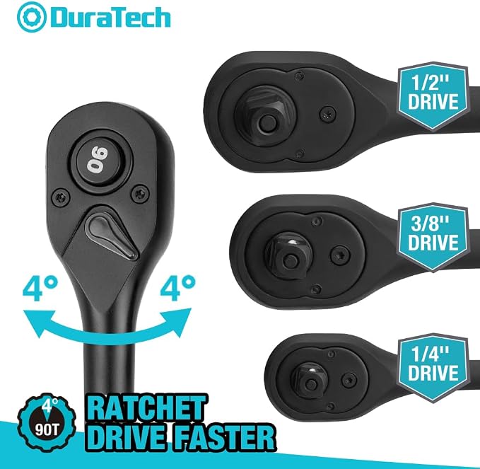 DURATECH 3-Piece Drive Ratchet, 90-Tooth Quick-release Ratchet Wrench | 1/4", 3/8", 1/2" Socket Wrench for Men Women, Reversible, Cr-V Made, 4° Swing, Manganese Phosphate Black Finish
