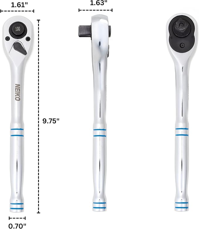 Neiko 03117A 1/2 Inch Ratchet Wrench, 100-Tooth Reversible Ratchet, 3.6 Degree, Quick Release 1/2 Drive Ratchet, 10" Long Handle Ratchet, Oval Head Socket Wrench, CR-V Steel Half Inch Rachet Wrench