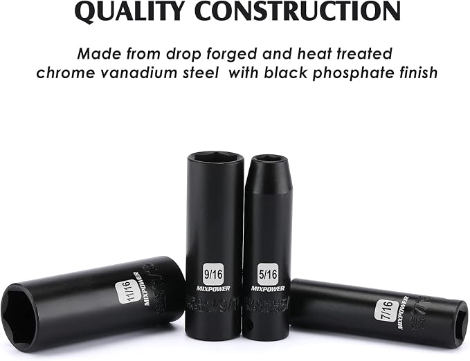 MIXPOWER 12 Pieces 3/8-Inch Drive Deep Impact Socket Set, 5/16 to 1 inch, CR-V, SAE, 6 Point, Deep, 12 Pieces 3/8" Dr. Socket