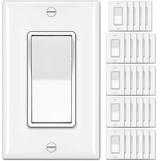 BESTTEN 30 Pack Single Pole Decorator Light Switch, Rocker Paddle Wall Switch, On/Off Interrupter, w/Wall Plate, 15A 120/277V, UL Listed, White