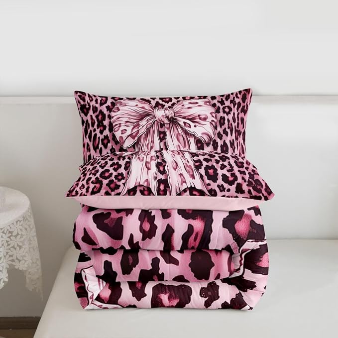 Feelyou Leopard Print Comforter Set Queen Size Cute Pink Bow Bedding Set for Kids Boys Girls Cheetah Animal Fur Duvet Quilt Bedroom Decor Microfiber 3 Pcs with 2 Pillow Cases