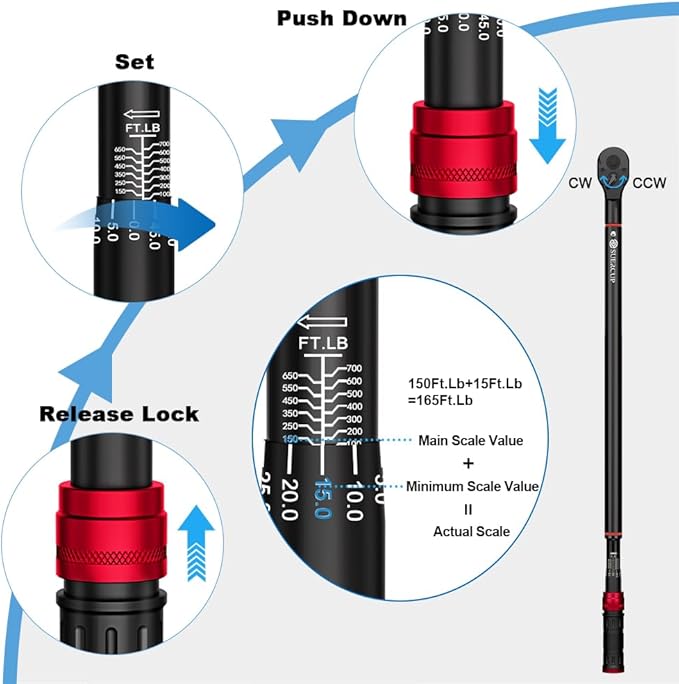 SUERCUP Torque Wrench 3/4-inch, Dual-Direction Adjustable 48 Tooth 100-700ft.lb/135.5-948.5Nm, Drive Click Torque Wrench with Buckle for Car, Truck Maintenance and Product Assembly