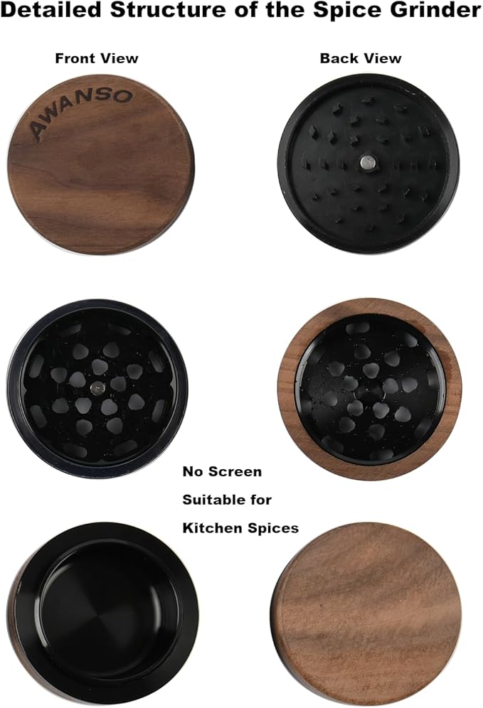 3-Piece Grinder, 2.5" Walnut Wood & Aluminum Grinder for Kitchen Spices with Large Bottom Chamber