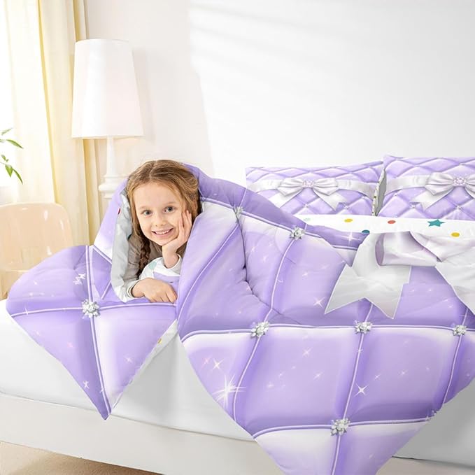 Feelyou Cute Purple Bow Kids Comforter Set Queen Size Glitter Bowknot Bedding Set Princess Duvet Quilt for Kids Boys Girls Bedroom Decor Microfiber Ultra Soft Breathable