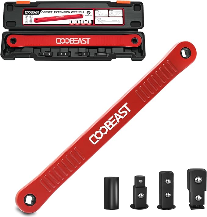 coobeast Red Offset Extension Wrench Impact Ready Socket Wrench Extender Tool with Versatile 1/4", 3/8", and 1/2" Square Drive Adapters, Universal Extensions Wrench for Small Place