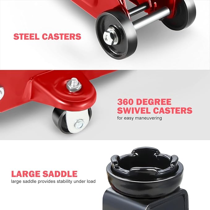DNA Motoring Floor Jack 2 Ton (4000 lbs) Capacity, Fast Lift Low Profile Hydraulic Trolley Jack, Steel Heavy-Duty Service Car Jack, Lifting Range 5.1"-13", Red, TOOLS-00234-RD