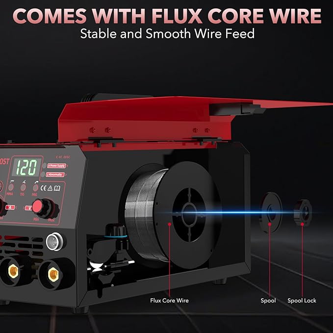 120A Mig Welder, 3 IN 1 Gasless Flux Core MIG/Lift TIG/Stick Welder Machine with Synergy, 110V Multiprocess Welding Machine with Welding Googles Rods Wire for Beginners & Professionals