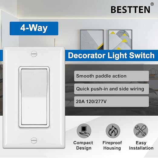 BESTTEN 10 Pack 4-Way Decorator Wall Light Switch with Wall Plate, 15A 120/277V, On/Off Paddle Rocker Interrupter, Self-Grounding, UL Listed, White