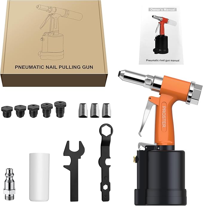 Proster Pneumatic Riveter - 5 Nozzles Pneumatic Rivet Gun, 3924LBF Pulling Heavy-Duty Air Pop Riveter 3/32", 1/8", 5/32", 3/16" and 1/4" Capacity