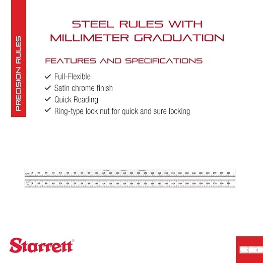 Starrett Full Flexible Steel Rule with Satin Chrome Finish, Quick Reading, and Millimeter Graduation - 30 Graduation, 300mm Length, 0.4mm Thickness - C330-300
