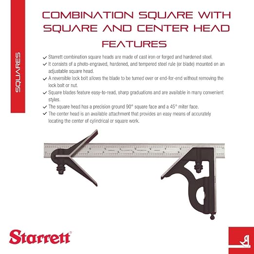 Starrett Steel Combination Square with Square Head and Center Head - 12" Blade Length, Hardened Steel, Reversible Lock Bolt, Scriber, Spirit Level, 4R Graduation Type -11HC-12-4R