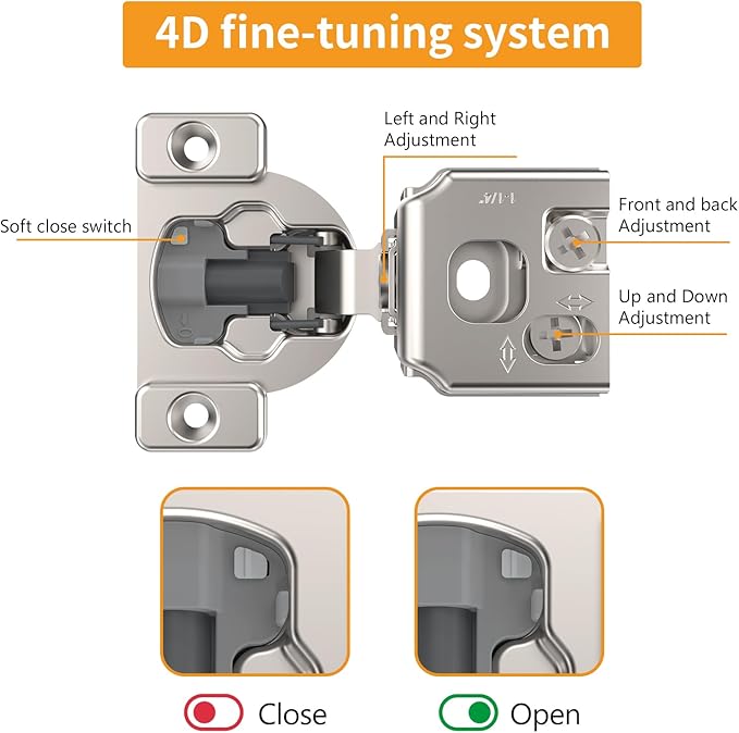 Chibery 4 Pack 1-1/4" 4D Concealed Hinges for Face Frame Door, Soft Close On/Off Switch, Self Closing, 105° Open Angle Concealed Stainless Steel Hinges for Framed Cabinet, Satin Nickel