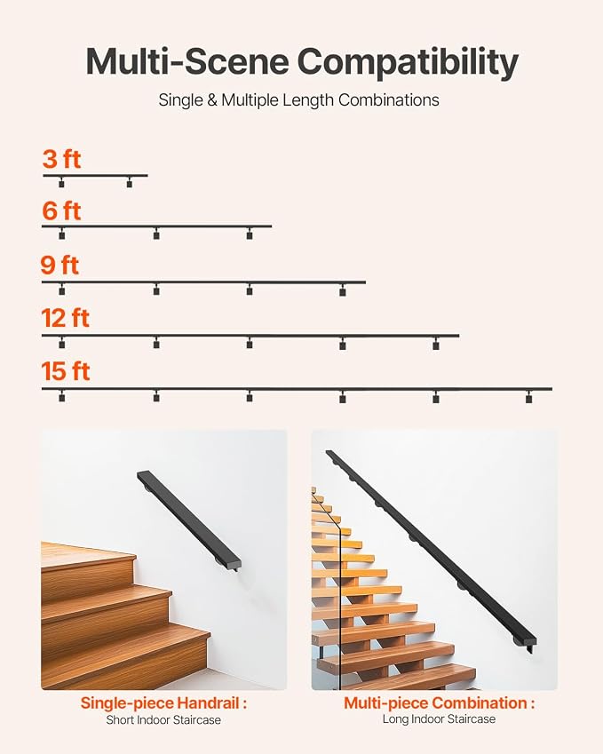 VEVOR Wall Mounted Stair Handrail, 15ft Black Aluminum Staircase Handrail Indoor, 250lbs Load Capacity, Industrial Railing Hand Rail for Steps, Square Tube for Loft Porch Deck, 6 Sections
