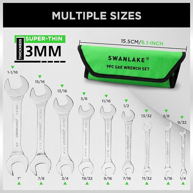 SWANLAKE GARDEN TOOLS 19-Piece Super-Thin Open End Wrench Set with Rolling Pouch, Metric 5.5–27 mm & SAE 1/4"-1-1/16", 3 mm Thickness Slim Spanner Wrench Set, Carbon Steel