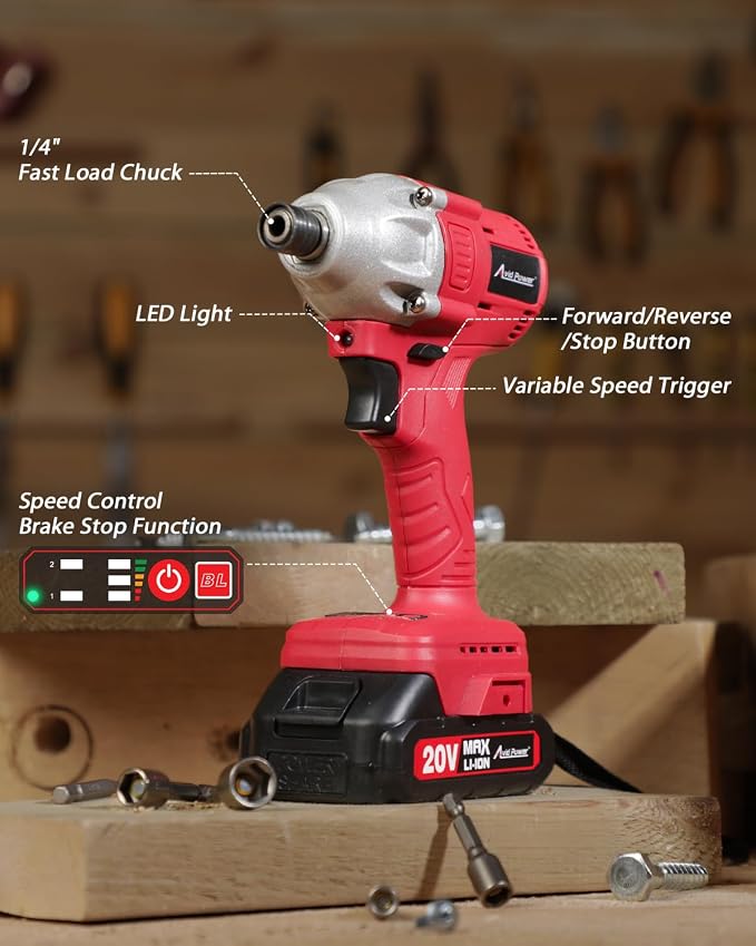 AVID POWER 20V Brushless 1/4'' Impact Driver Kit, 2220in-lbs High Torque, 2-Speed Mode, Variable Speed Cordless Impact Driver, Brake Stop Function, Compact Design with LED Light, 4 Sockets & 4 Bits