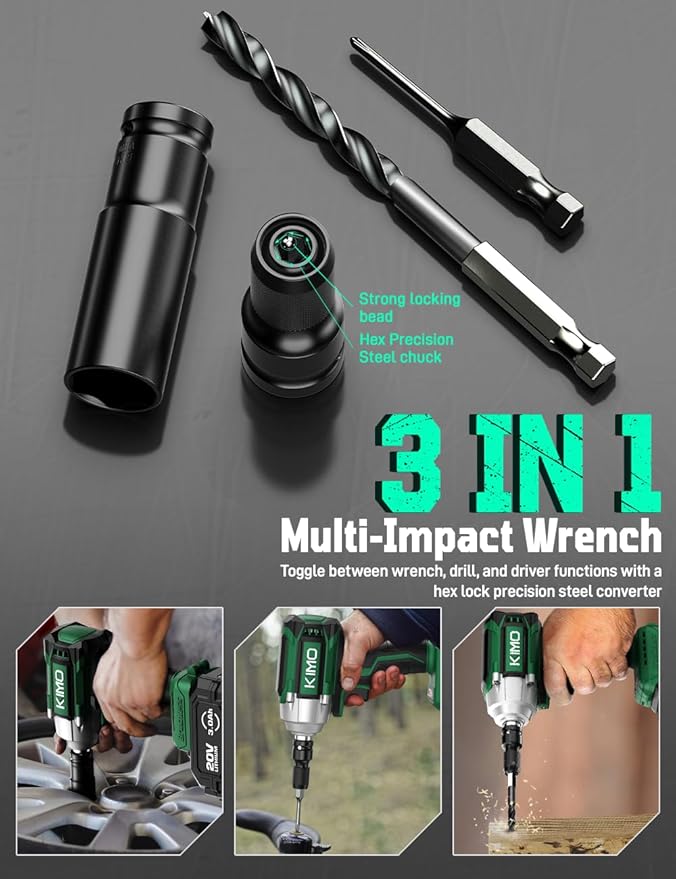KIMO Impact Wrench 1/2 Cordless, 550N.m (410ft-lbs), 4000RPM, 9-Piece Drill & Driver Set, 4Sockets Impact Drill for Car Tires, Safety Lock, 2x4000mAh Battery, Variable Modes Power Smart Impact Wrench