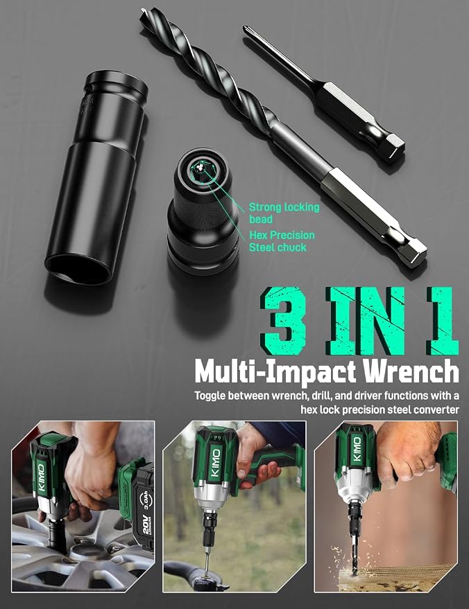 KIMO Impact Wrench 1/2 Cordless, Impact Gun for Car Tire, 20V Impact Driver | 550N.m (410ft-lbs), 4000RPM/3500IPM , 4 Sockets, 9-Piece Drill& Driver Set, Safety Lock, Variable Modes, 4000mAh Battery