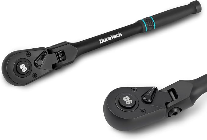 DURATECH 1/2-Inch Flex-Head Ratchet, 90-Tooth Quick-Release Ratchet Wrench | Socket Wrench with 180° Pivoting Head and 7-Position Setting, Reversible, CR-V Made, CR-MO Head, Black Mn Phosphate Finish