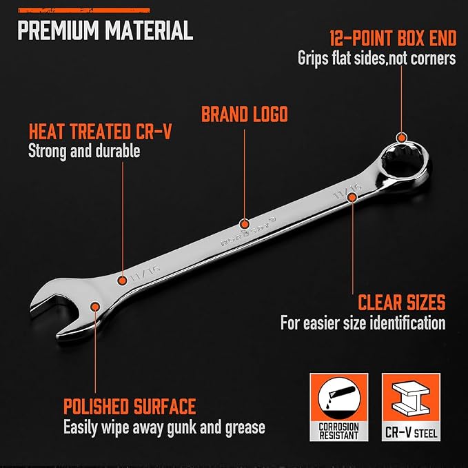 HORUSDY 11-Piece SAE Combination Wrench Set, 1/4''–3/4'' 12-Point Open End and Box End Wrench Kit with Organizer, Chrome Vanadium Steel Tools for Mechanics, Garages and Workshops