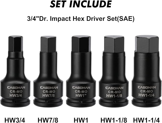 CASOMAN 3/4 Inch Drive Impact Hex Driver Set, 5-Pieces, SAE, 3/4", 7/8", 1", 1-1/8", 1-1/4", 3/4" Drive Master Impact Hex Bit Set, CR-MO, Impact Grade, One-Piece Construction