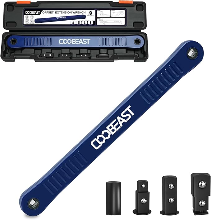 coobeast Offset Extension Wrench Impact Ready Socket Wrench Extender Tool with Versatile 1/4", 3/8", and 1/2" Square Drive Adapters, Universal Extensions Wrench for Small Place