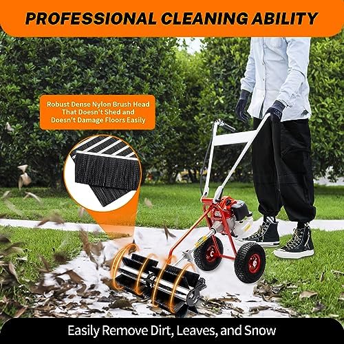 Gas Powered Power Broom 43CC 1.7HP, Walk Behind Sweeper Brush 2-Stroke Engine, Nylon Rolling Brush Lawn Sweeper Cleaner, Portable Turf Sweeper for Artificial Grass, Gravel, Snow, Yard Cleaning