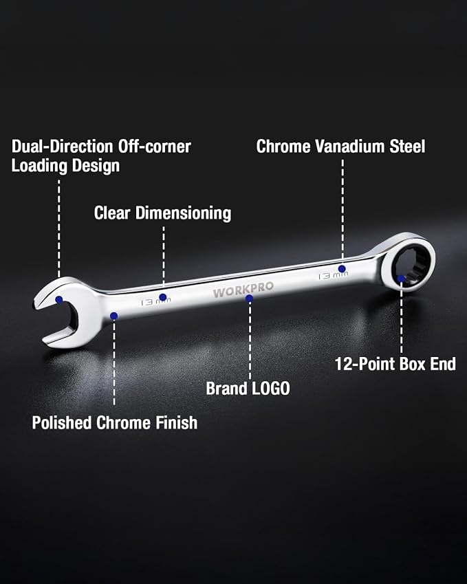 WORKPRO 13 mm Ratcheting Combination Wrench, Mirror Polish Chrome Plating | Premium CR-V Steel, 72-Teeth, 12 Point Design, Metric, For Home Projects, Motorcycle Repair, Garage Work, Plumbing, Machinery