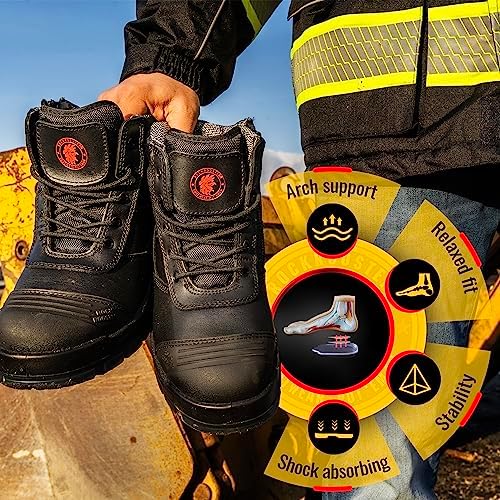 ROCKROOSTER Mens Work Boots, 6 inch Steel Toe Side Zipper Safety Wheat Black Slip Resistant Work Boot, TPU Outsole Breathable Leather Shoes, ASTM F2413-18 Static Dissipative SD (AK050 & AK050BK)