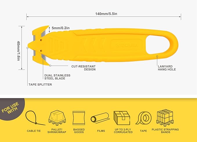 T TOVIA Safety Box Cutter Knife of Recessed Concealed Stainless Steel Blade, Package Opener Plastic Cutter for Box, Carton, Shrink Wrap, Plastic Straps, 12pcs 3 colors