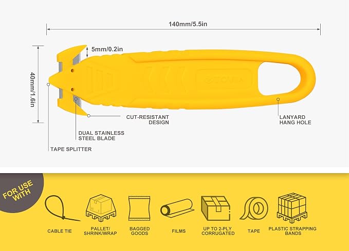 T TOVIA Safety Box Cutter Knife of Recessed Concealed Stainless Steel Blade, 10-Pack Package Opener Plastic Cutter for Box, Carton, Shrink Wrap, Plastic Straps, 5 Color