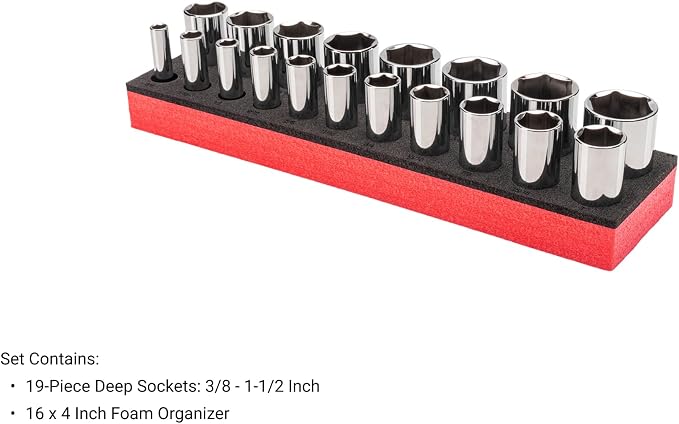 TEKTON 1/2 Inch Drive 6-Point Socket Set, 19-Piece | SHD92802 | Deep, 3/8 - 1-1/2 in., Foam Organizer