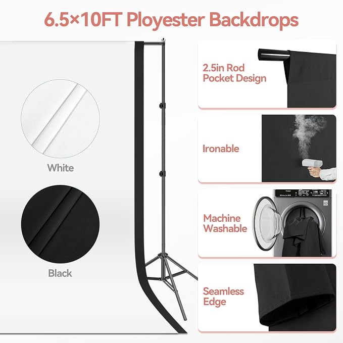 7x10 FT Backdrop Stand Kit with 6.5 x 10FT Black, White Background