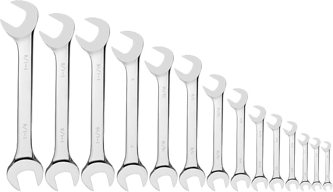 14-Piece Premium Angle Head Open End Wrench Set, Chrome Vanadium Steel | Include Standard Inch Sizes 3/8, 7/16, 1/2, 9/16, 5/8, 11/16, 3/4, 13/16, 7/8, 15/16, 1, 1-1/16, 1-1/8, 1-1/4 with Storage Rack