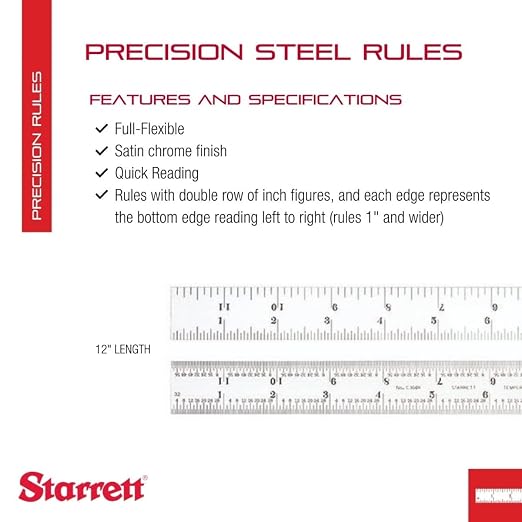 Starrett Full Flexible Steel Rule with Satin Chrome Finish, Quick Reading, and Inch Graduation - 4R Graduation, 12" Length, 1/64" Thickness - C304R-12