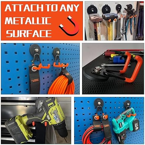 ULIBERMAGNET Heavy Duty Magnetic Garage Hook,10 Pack Strong Large Magnet Hooks for Power Drill,Garden Tools,Hose,Pegboard,Garage, Workshop,Magnetic Storage Hooks for Indoor Outdoor Hanging(Orange)