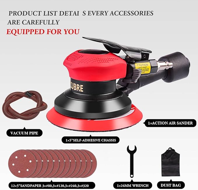 Air Sander with Vacuum 5 Inch da Palm Sander for auto body, High-Speed Random Orbital Pneumatic Sander for Woodworking & Auto Polishing (including 12 sandpaper + accessories)