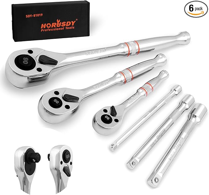 HORUSDY 3-Piece Ratchet Set, 1/4” 3/8”, 1/2" Drive Ratchet Handle Set, 90-Tooth,CR-V, Quick Release Ratchets